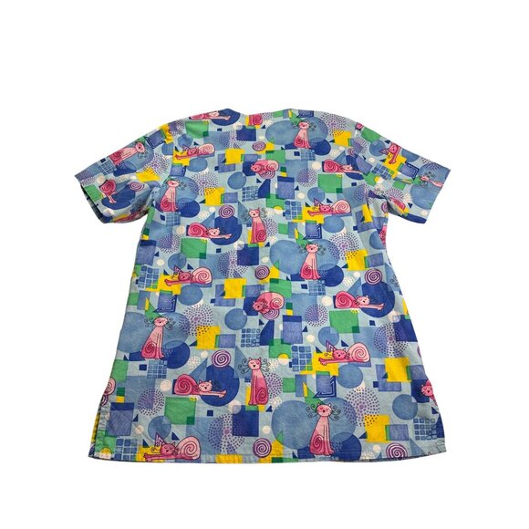Fundamentally Cotton By White Swan Whimsical Cat Print Scrub Top S Snap Front - Picture 5 of 10